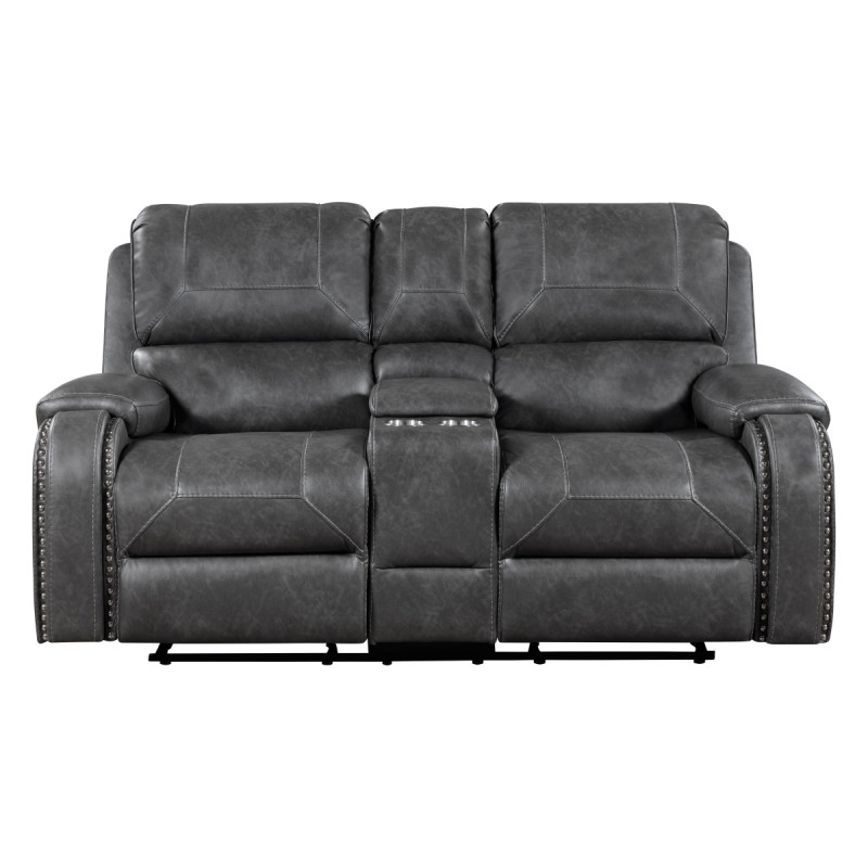 8549GRY-2 Double Glider Reclining Love Seat with Center Console, Receptacles and USB Ports