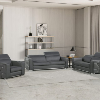 1120 - Global United Dark Grey Top Grain Italian Leather 3PC Set