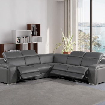1116 - 5-PC Dark Gray Italian Leather Sectional Sofa w/ 3 Power Recliners