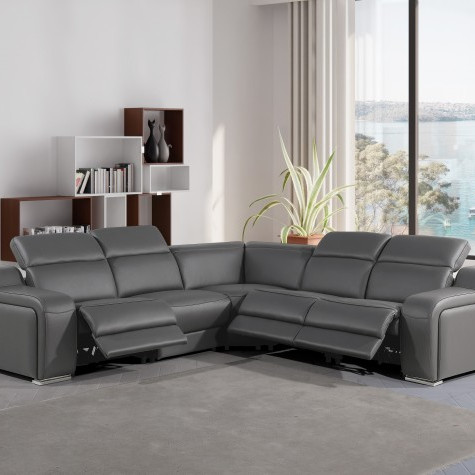 1116 - 5-PC Dark Gray Italian Leather Sectional Sofa w/ 3 Power Recliners