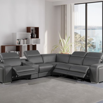 1116 - 6-PC Dark Gray Italian Leather Sectional Sofa w/ 3 Power Recliners