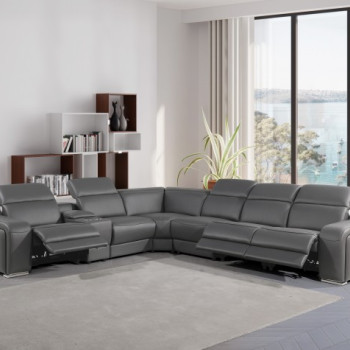 1116 - 7-PC Dark Gray Italian Leather Sectional Sofa w/ 3 Power Recliners