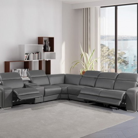 1116 - 7-PC Dark Gray Italian Leather Sectional Sofa w/ 3 Power Recliners