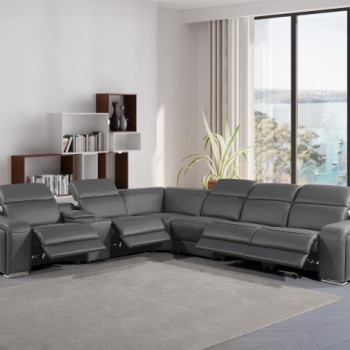 1116 - 7-PC Dark Gray Italian Leather Sectional Sofa w/ 4 Power Recliners