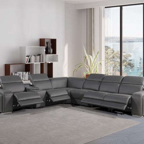 1116 - 7-PC Dark Gray Italian Leather Sectional Sofa w/ 4 Power Recliners