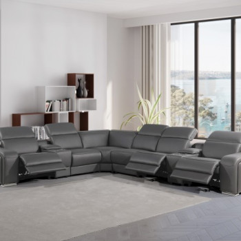 1116 - 8-PC Dark Gray Italian Leather Sectional Sofa w/ 3 Power Recliners