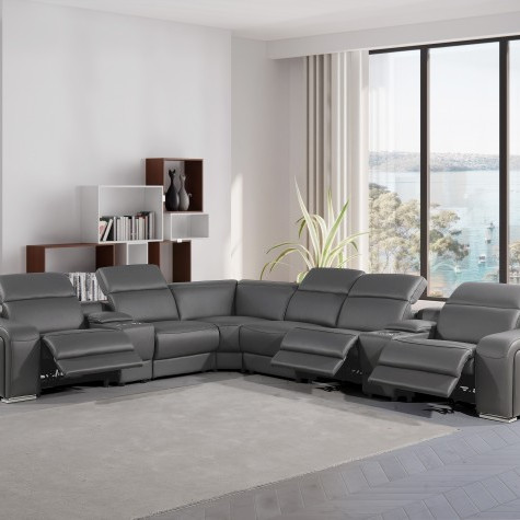 1116 - 8-PC Dark Gray Italian Leather Sectional Sofa w/ 3 Power Recliners