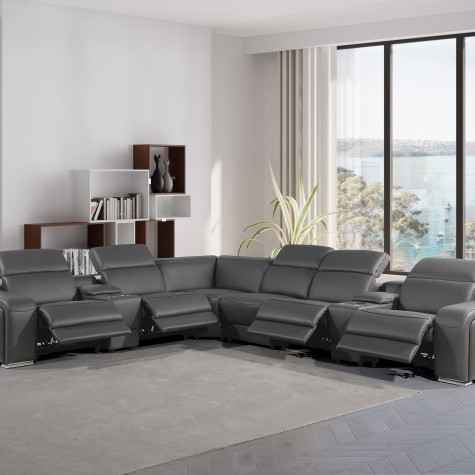 1116 - 8-PC Dark Gray Italian Leather Sectional Sofa w/ 4 Power Recliners