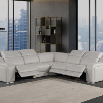 1116 - 5-PC Light Gray Italian Leather Sectional Sofa w/ 3 Power Recliners