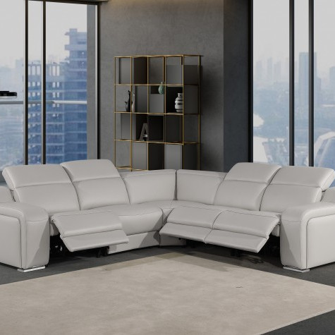 1116 - 5-PC Light Gray Italian Leather Sectional Sofa w/ 3 Power Recliners