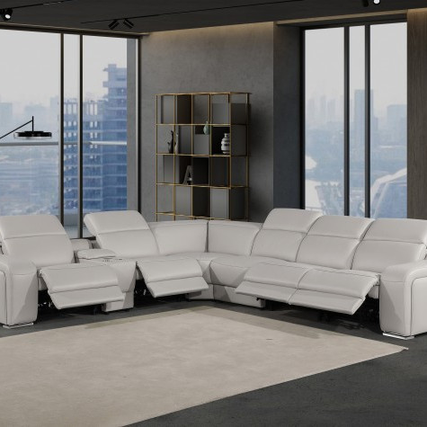1116 - 7-PC Light Gray Italian Leather Sectional Sofa w/ 4 Power Recliners