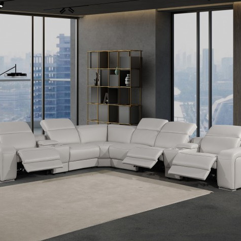 1116 - 8-PC Light Gray Italian Leather Sectional Sofa w/ 3 Power Recliners