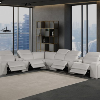 1116 - 8-PC Light Gray Italian Leather Sectional Sofa w/ 4 Power Recliners