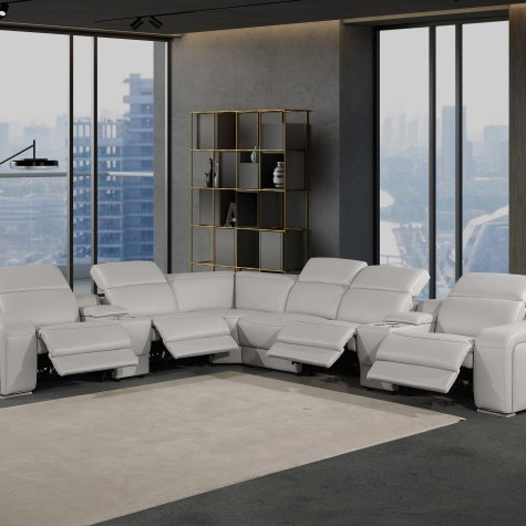 1116 - 8-PC Light Gray Italian Leather Sectional Sofa w/ 4 Power Recliners