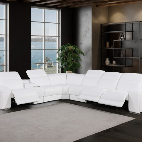 1116 - 7-PC White Italian Leather Sectional Sofa w/ 3 Power Recliners