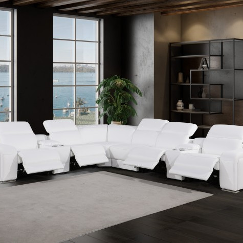 1116 - 8-PC White Italian Leather Sectional Sofa w/ 4 Power Recliners