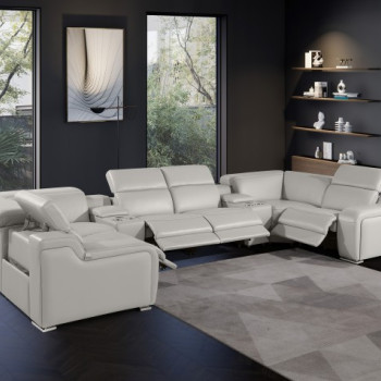1116 - Light Gray 8-Piece 4-Power Reclining Italian Leather Sectional Sofa