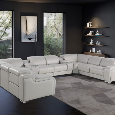 1116 - Light Gray 10-Piece 4-Power Reclining Italian Leather Sectional Sofa
