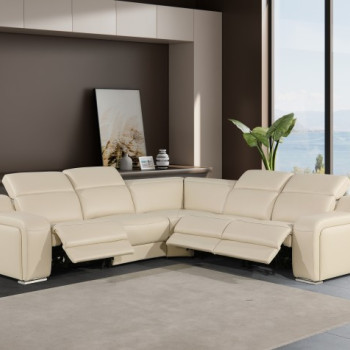 1116 - 5-PC Beige Italian Leather Sectional Sofa w/ 3 Power Recliners