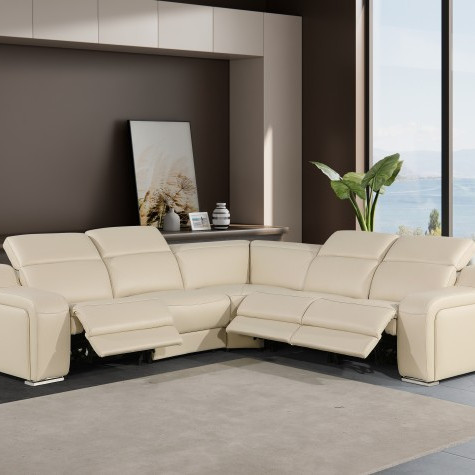 1116 - 5-PC Beige Italian Leather Sectional Sofa w/ 3 Power Recliners
