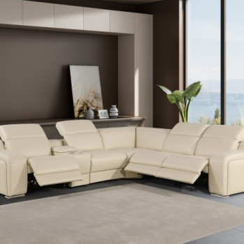 1116 - 6-PC Beige Italian Leather Sectional Sofa w/ 3 Power Recliners