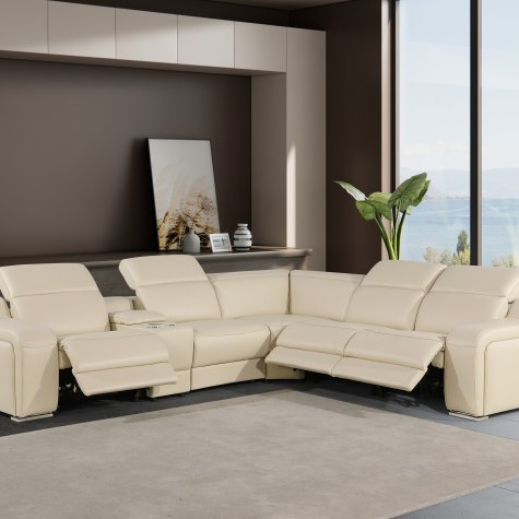 1116 - 6-PC Beige Italian Leather Sectional Sofa w/ 3 Power Recliners