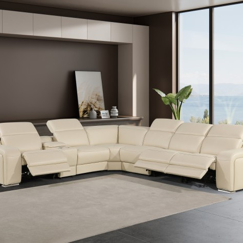 1116 - 7-PC Beige Italian Leather Sectional Sofa w/ 3 Power Recliners