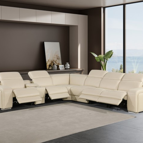 1116 - 7-PC Beige Italian Leather Sectional Sofa w/ 4 Power Recliners