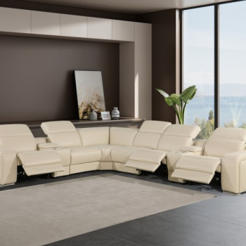 1116 - 8-PC Beige Italian Leather Sectional Sofa w/ 3 Power Recliners