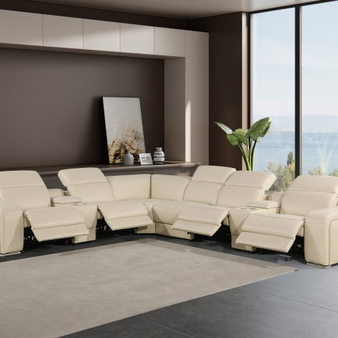 1116 - 8-PC Beige Italian Leather Sectional Sofa w/ 4 Power Recliners