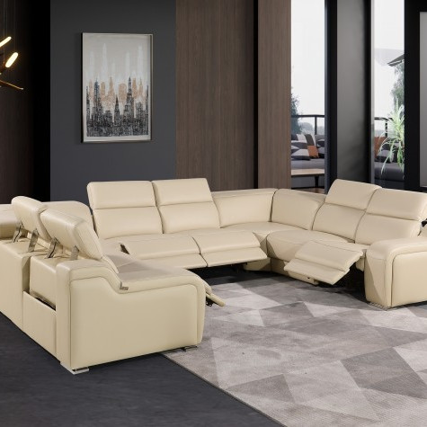 1116 - Beige 8-Piece No Console 4-Power Reclining Italian Leather Sectional Sofa