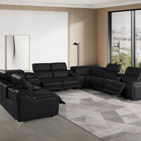 1116 - Black 12-Piece 4-Power Reclining Italian Leather Sectional Sofa with Power Headrest