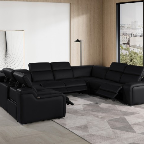 1116 - Black 8-Piece No Console 4-Power Reclining Italian Leather Sectional Sofa