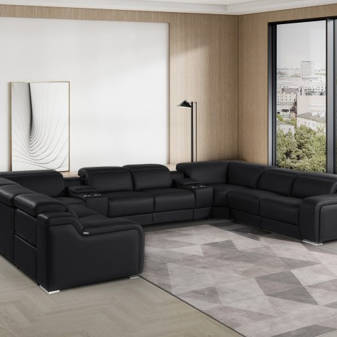 1116 - Black 10-Piece 4-Power Reclining Italian Leather Sectional Sofa