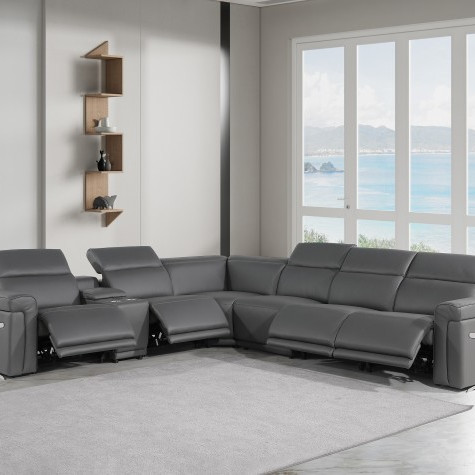 1126 - Top Grain Dark Grey Italian Leather Sectional Sofa 7-Piece w/ 4 power recliners