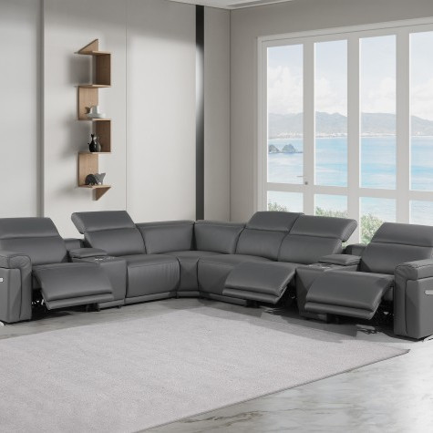 1126 - Top Grain Dark Grey Italian Leather Sectional Sofa 8-Piece w/ 3 power recliners
