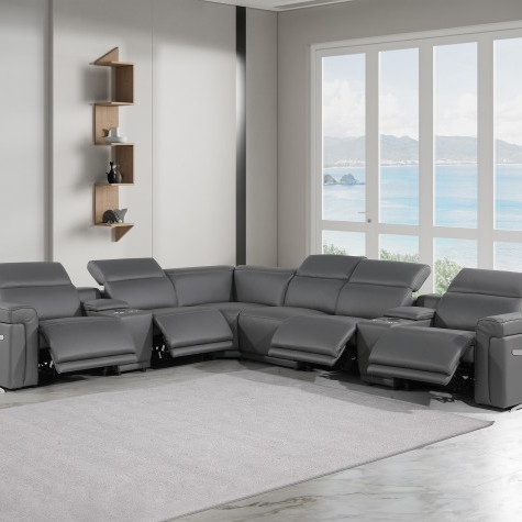 1126 - Top Grain Dark Grey Italian Leather Sectional Sofa 8-Piece w/ 4 power recliners