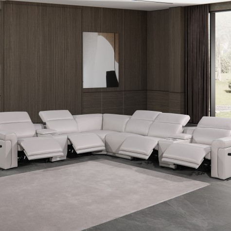 1126 - Top Grain Light Grey Italian Leather Sectional Sofa 8-Piece w/ 4 power recliners