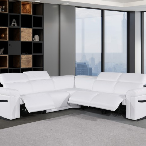 1126 - Top Grain White Italian Leather Sectional Sofa 5-Piece w/ 3 power recliners