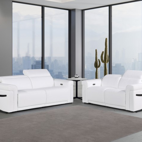 1126 - Top Grain Power Reclining Italian White Leather Sofa + Love