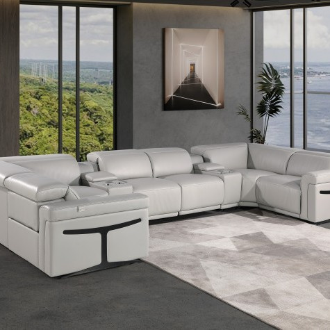 1126 - Light Gray 8-Piece 4-Power Reclining Italian Leather Sectional Sofa