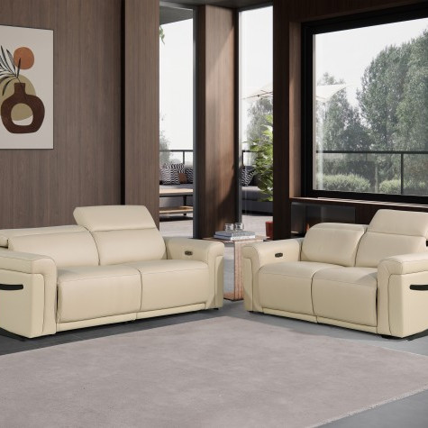 1126 - Top Grain Power Reclining Italian Beige Leather Sofa + Love
