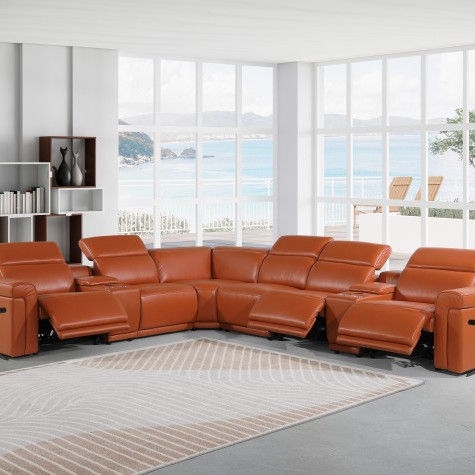 1126 - Top Grain Camel Italian Leather Sectional Sofa 8-Piece w/ 3 power recliners