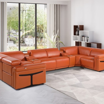 1126 - Camel 8-Piece 2-Power Reclining Italian Leather Sectional Sofa