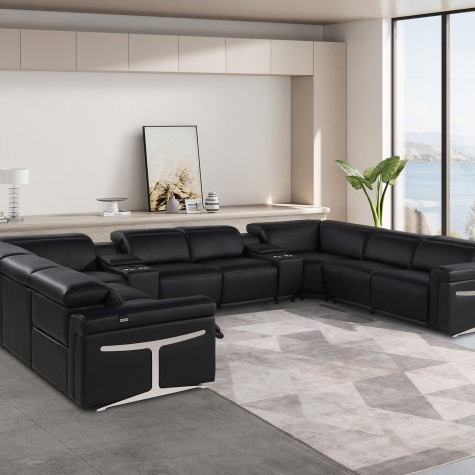1126 - Black 10-Piece 4-Power Reclining Italian Leather Sectional Sofa