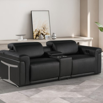 1126-BLACK- 3PC Power Reclining Loveseat With Power Headrest in Italian Leather
