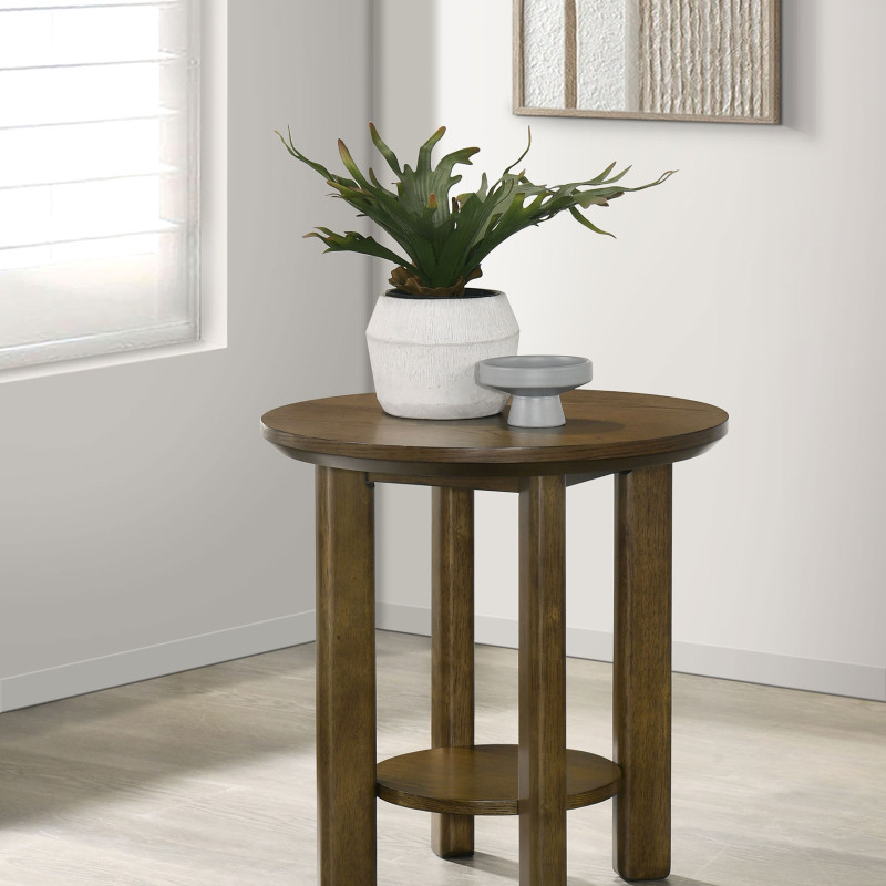 706307 Ottowa Round Wood Side End Table with Shelf Brown