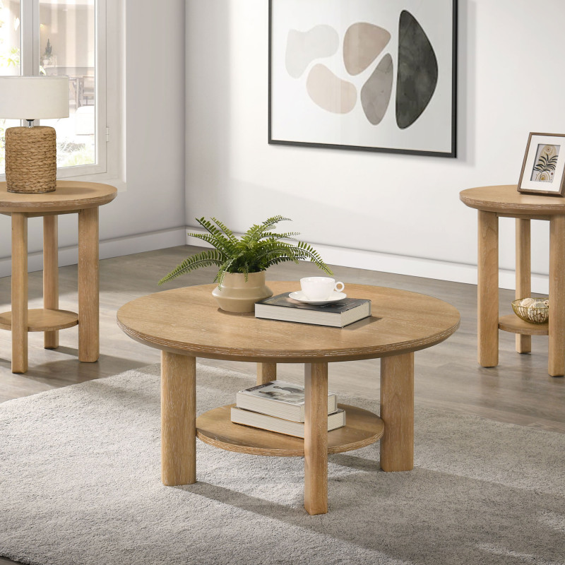 706298-S3 Ottowa 3-piece Round Wood Coffee Table Set Light Oak