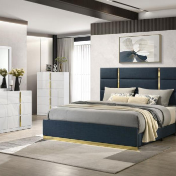 223091NVYKE-S4 Ines 4-piece Eastern King Bedroom Set Navy and White High Gloss