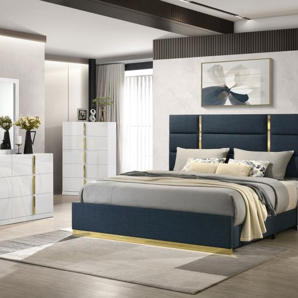 223091NVYQ-S4 Ines 4-piece Queen Bedroom Set Navy and White High Gloss